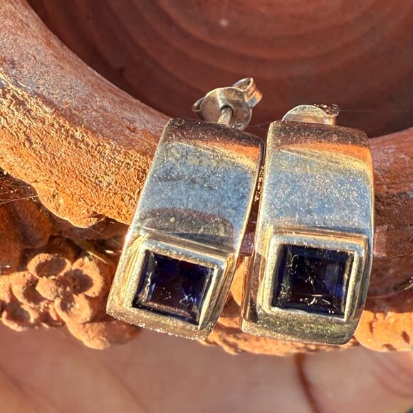 Vintage Sterling Silver & Blue CZ Hoop Pierced Earrings - Picture 6 of 10